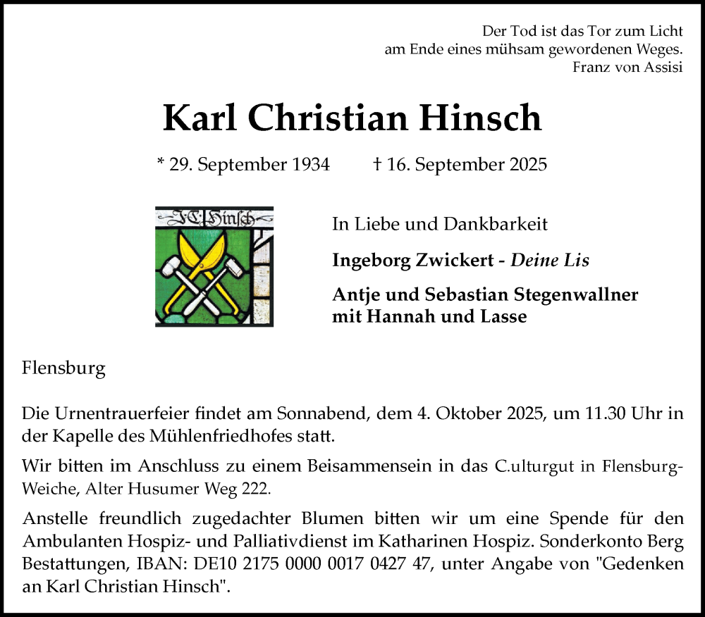  Traueranzeige für Karl Christian Hinsch vom 27.09.2025 aus Flensburger Tageblatt