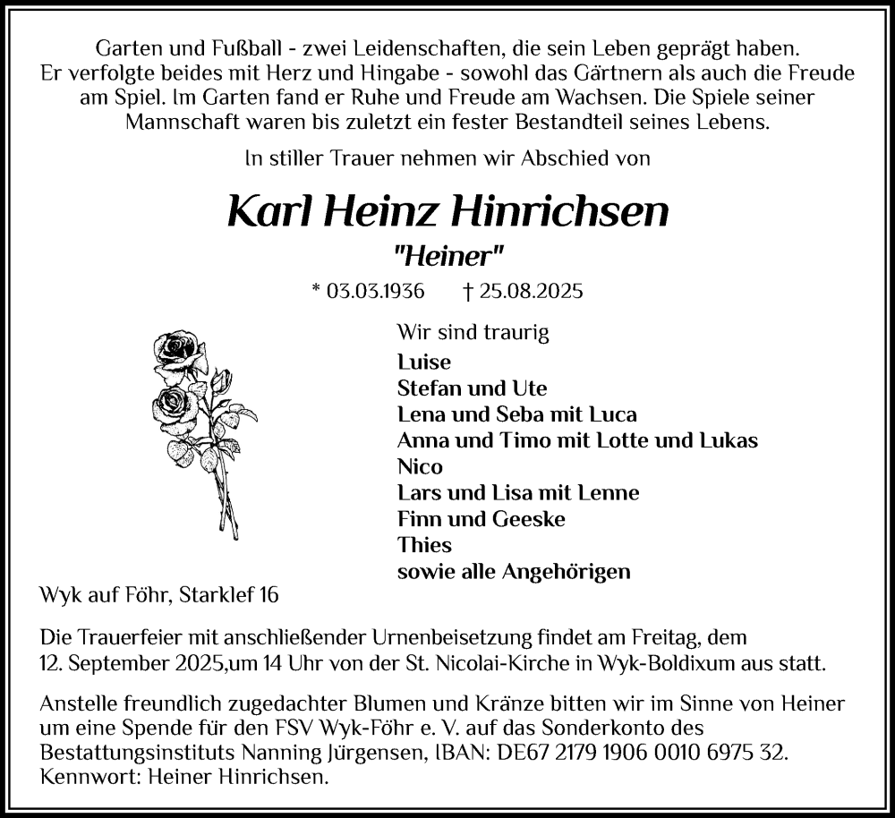  Traueranzeige für Karl Heinz Hinrichsen vom 06.09.2025 aus Der Insel-Bote