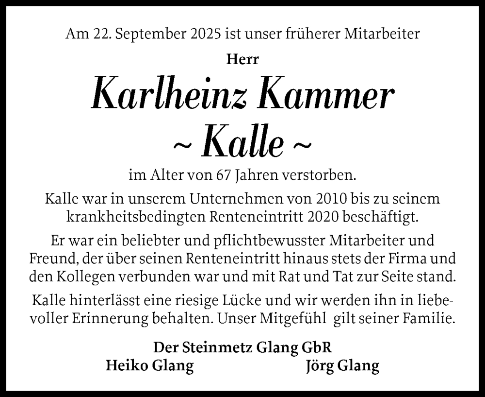  Traueranzeige für Karlheinz Kammer vom 01.10.2025 aus Norddeutsche Rundschau, Wilstersche Zeitung, Glückstädter Fortuna