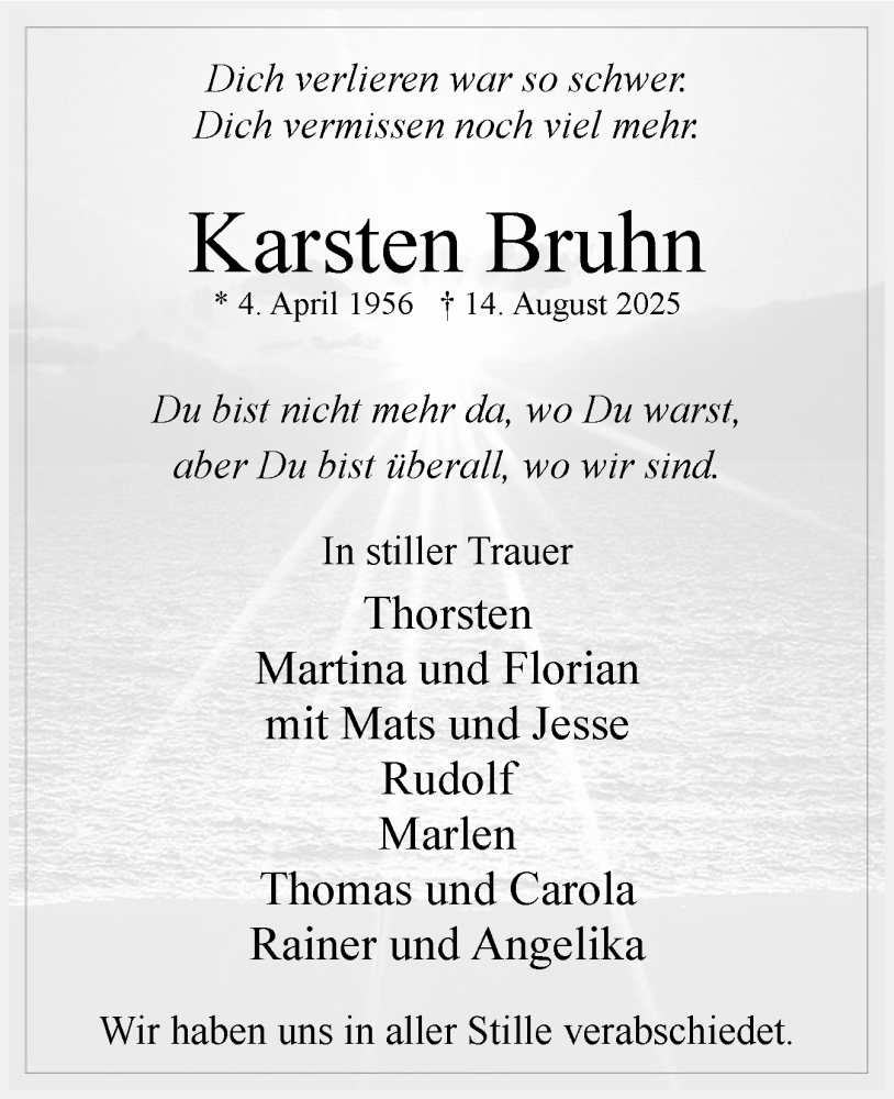  Traueranzeige für Karsten Bruhn vom 06.09.2025 aus Uetersener Nachrichten, Der tip am Wochenende
