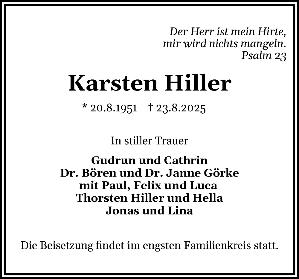  Traueranzeige für Karsten Hiller vom 06.09.2025 aus Holsteinischer Courier