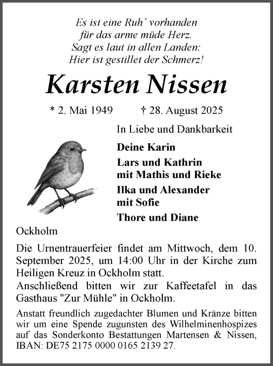 Traueranzeige von Karsten Nissen von Husumer Nachrichten, Nordfriesland Tageblatt