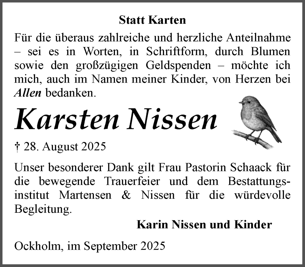  Traueranzeige für Karsten Nissen vom 27.09.2025 aus Husumer Nachrichten, Nordfriesland Tageblatt