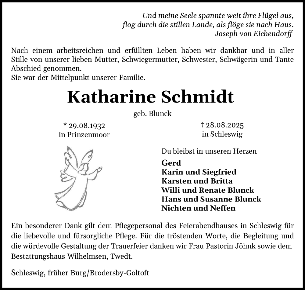  Traueranzeige für Katharine Schmidt vom 27.09.2025 aus Schleswig-Holsteinische Landeszeitung