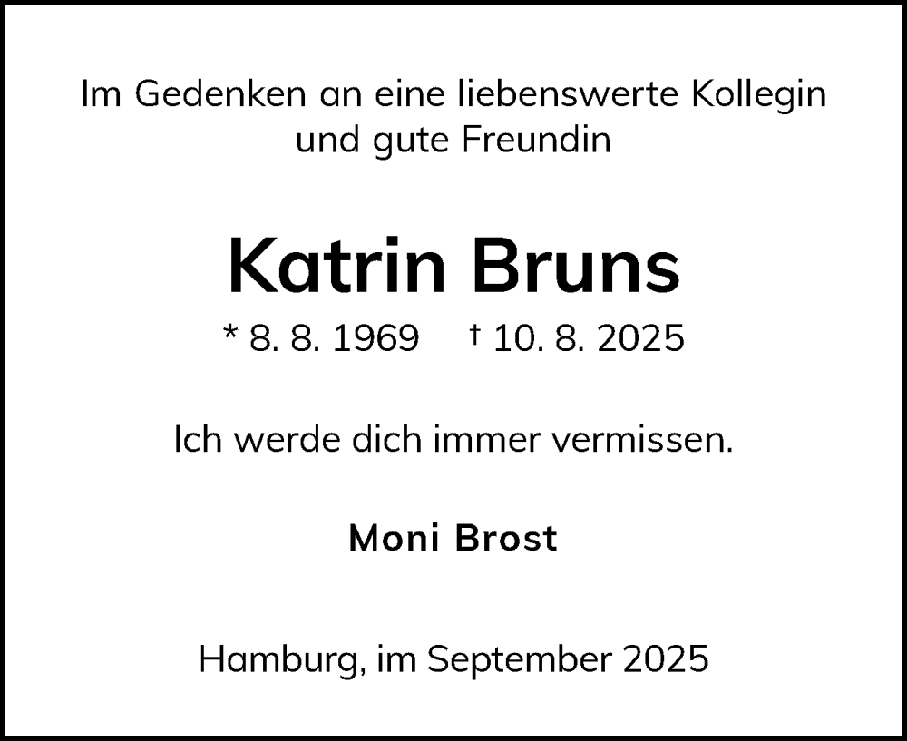  Traueranzeige für Katrin Bruns vom 04.09.2025 aus Husumer Nachrichten, Nordfriesland Tageblatt