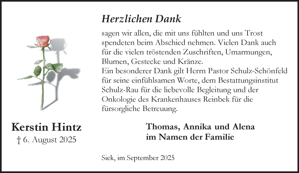  Traueranzeige für Kerstin Hintz vom 06.09.2025 aus MARKT Ahrensburg/Bargteheide/Trittau und Stormarner Tageblatt