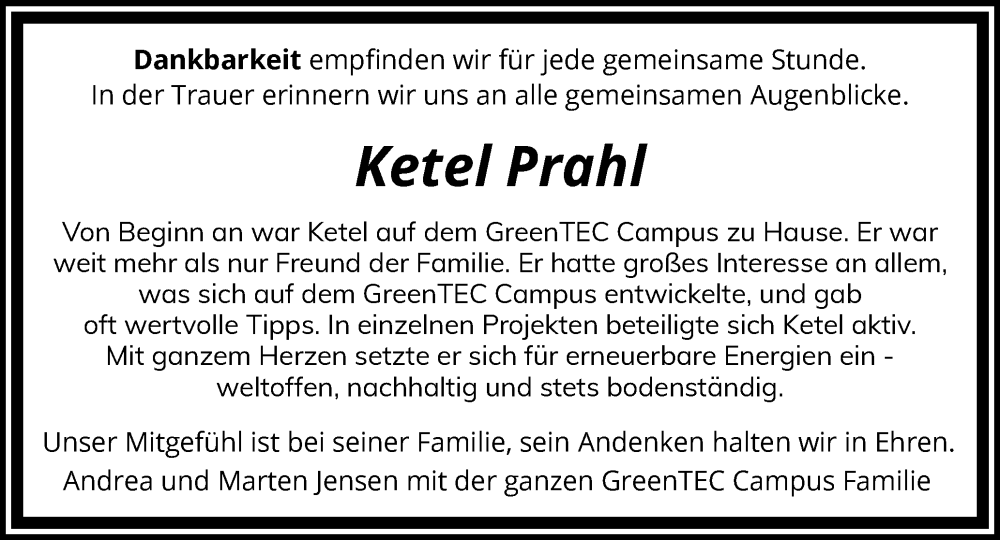  Traueranzeige für Ketel Prahl vom 30.09.2025 aus Husumer Nachrichten, Nordfriesland Tageblatt