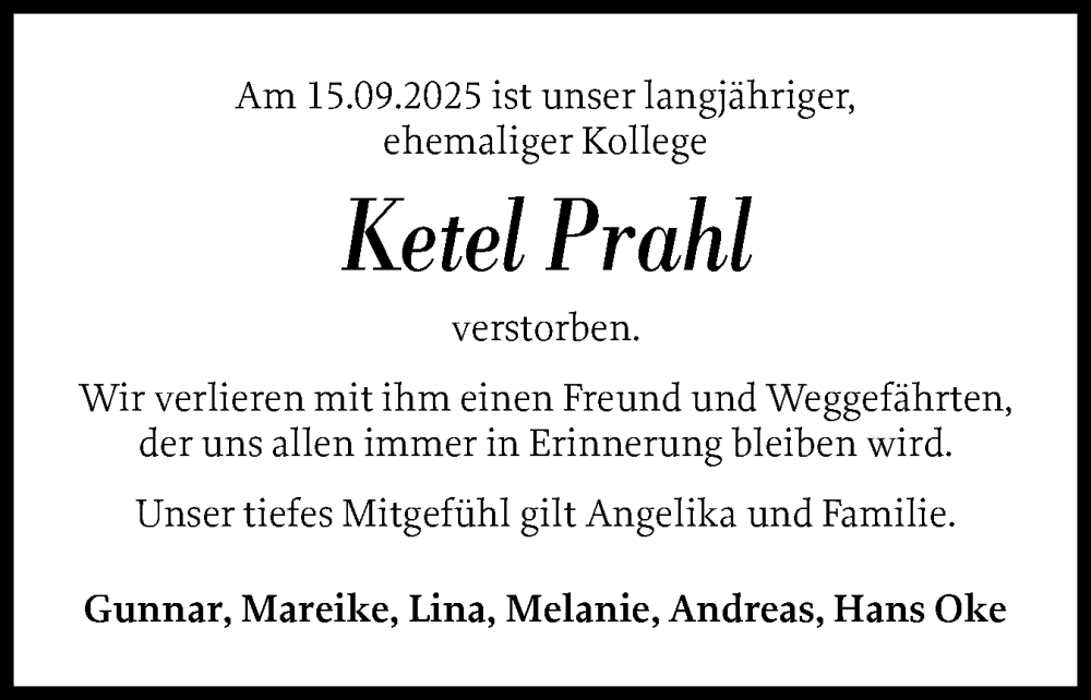  Traueranzeige für Ketel Prahl vom 24.09.2025 aus Husumer Nachrichten, Nordfriesland Tageblatt