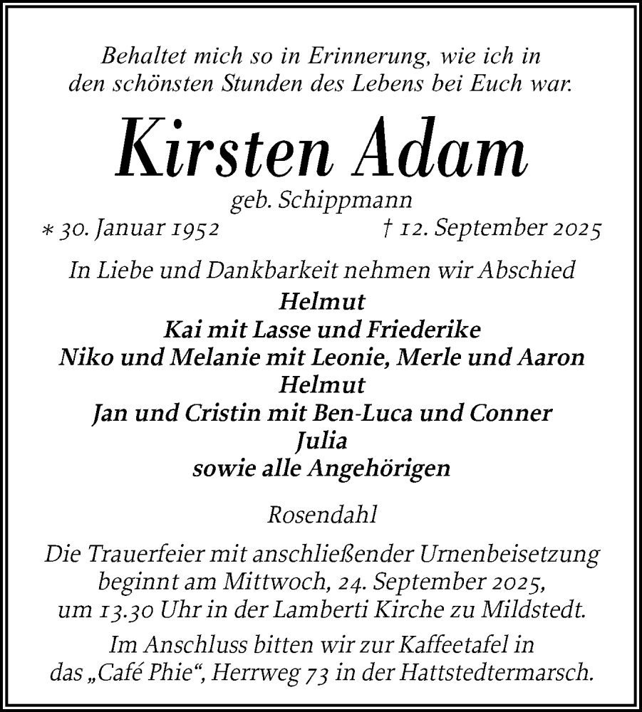  Traueranzeige für Kirsten Adam vom 17.09.2025 aus Husumer Nachrichten, Nordfriesland Tageblatt