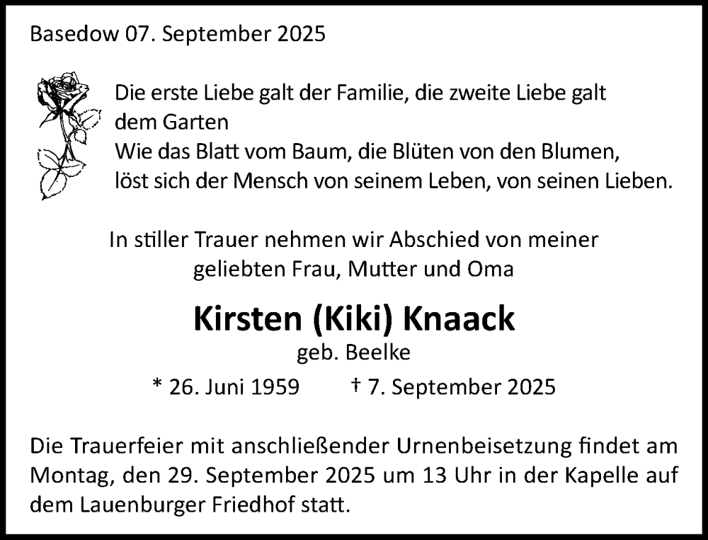  Traueranzeige für Kirsten Knaack vom 20.09.2025 aus Wochenend Anzeiger