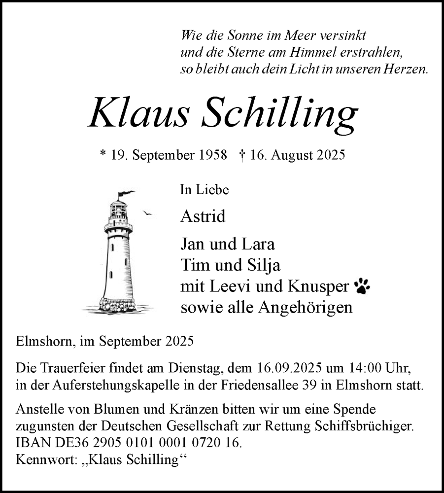  Traueranzeige für Klaus Schilling vom 13.09.2025 aus Elmshorner Nachrichten, Barmstedter Zeitung