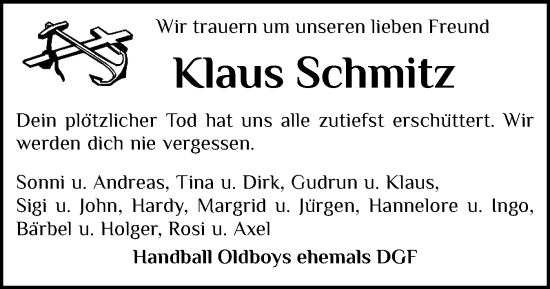 Traueranzeige von Klaus Schmitz von Flensburger Tageblatt