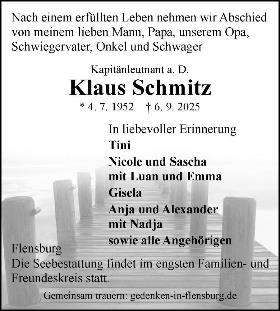  Traueranzeige für Klaus Schmitz vom 13.09.2025 aus Flensburger Tageblatt