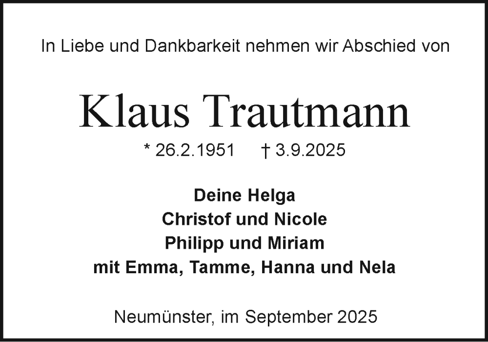  Traueranzeige für Klaus Trautmann vom 13.09.2025 aus Holsteinischer Courier