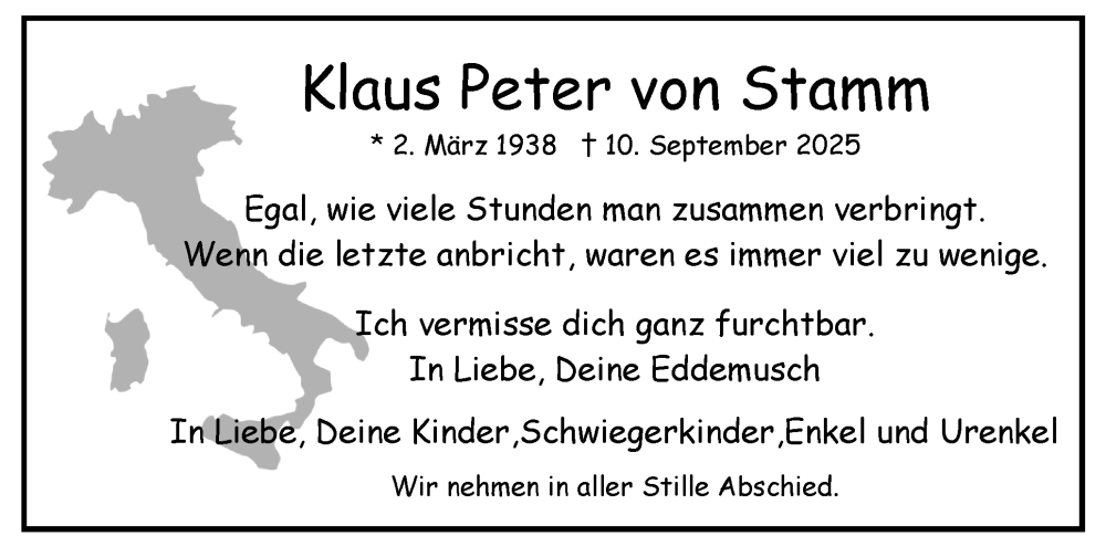 Traueranzeige für Klaus Peter von Stamm vom 20.09.2025 aus Uetersener Nachrichten, Der tip am Wochenende