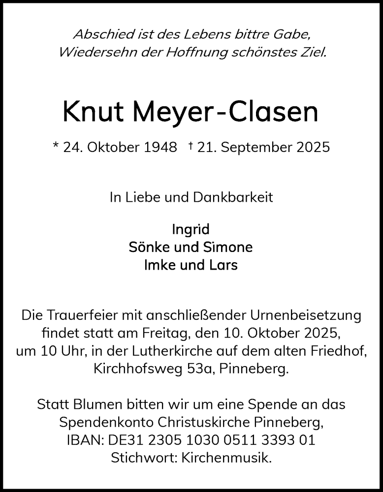  Traueranzeige für Knut Meyer-Clasen vom 27.09.2025 aus Region Pinneberg und tip Pinneberg