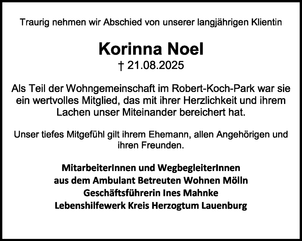  Traueranzeige für Korinna Noel vom 13.09.2025 aus MARKT Ratzeburg/Mölln