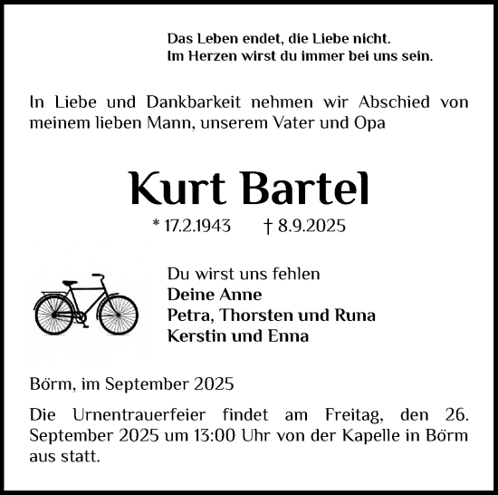 Traueranzeige von Kurt Bartel von Schleswig-Holsteinische Landeszeitung