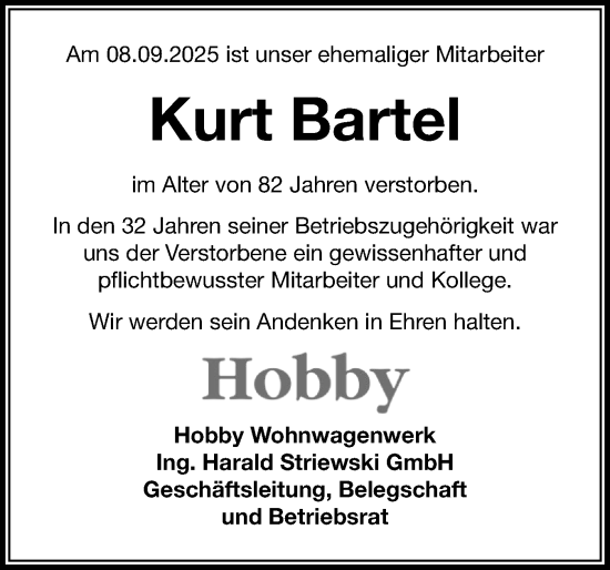 Traueranzeige von Kurt Bartel von Schleswig-Holsteinische Landeszeitung