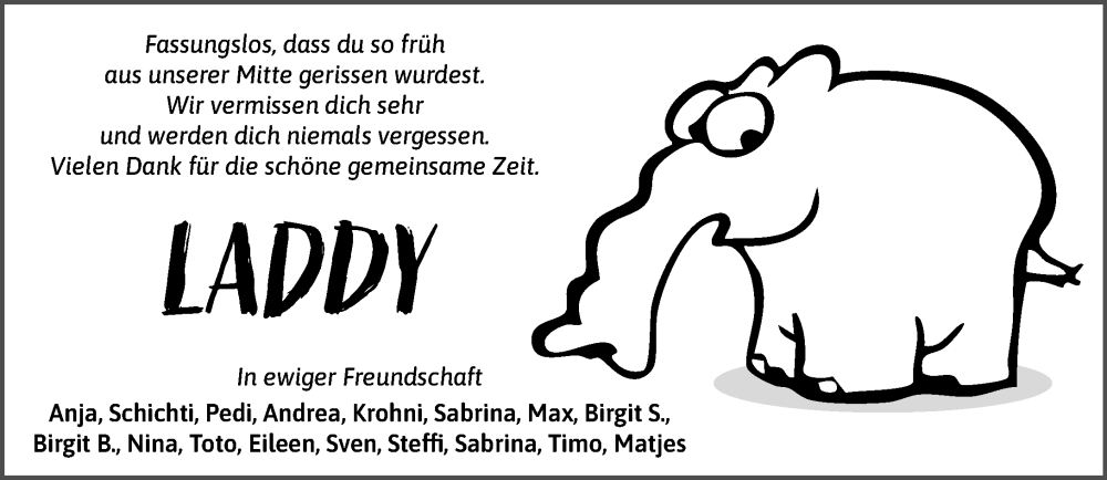  Traueranzeige für LADDY  vom 06.09.2025 aus MARKT Ahrensburg/Bargteheide/Trittau und Stormarner Tageblatt