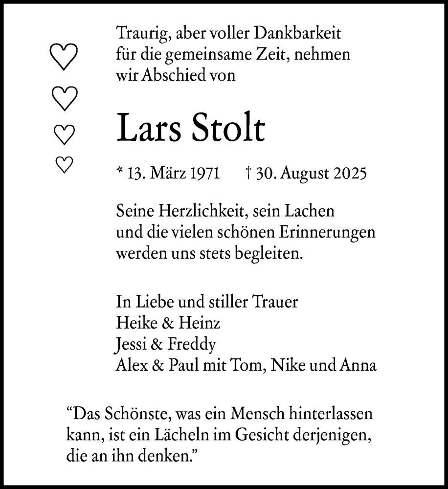  Traueranzeige für Lars Stolt vom 06.09.2025 aus MARKT Ahrensburg/Bargteheide/Trittau und Stormarner Tageblatt