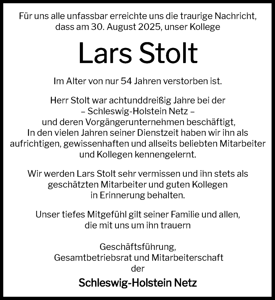  Traueranzeige für Lars Stolt vom 13.09.2025 aus MARKT Ahrensburg/Bargteheide/Trittau und Stormarner Tageblatt