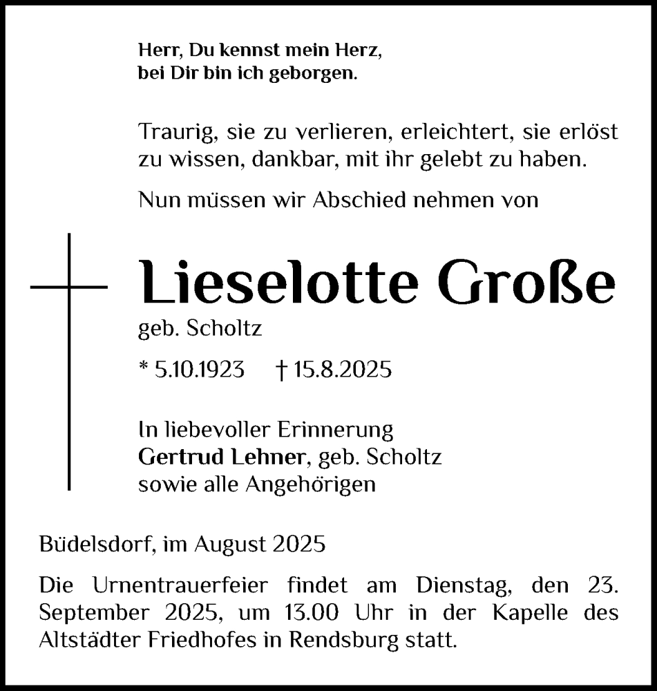  Traueranzeige für Lieselotte Große vom 16.09.2025 aus Schleswig-Holsteinische Landeszeitung