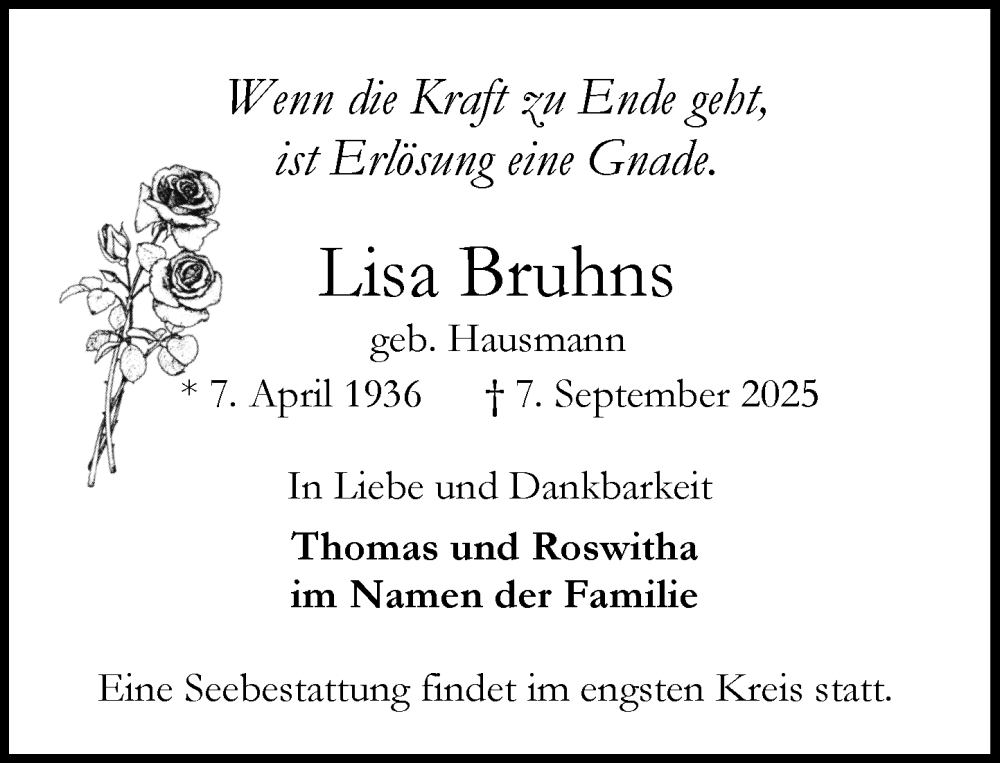  Traueranzeige für Lisa Bruhns vom 13.09.2025 aus MARKT Ahrensburg/Bargteheide/Trittau und Stormarner Tageblatt