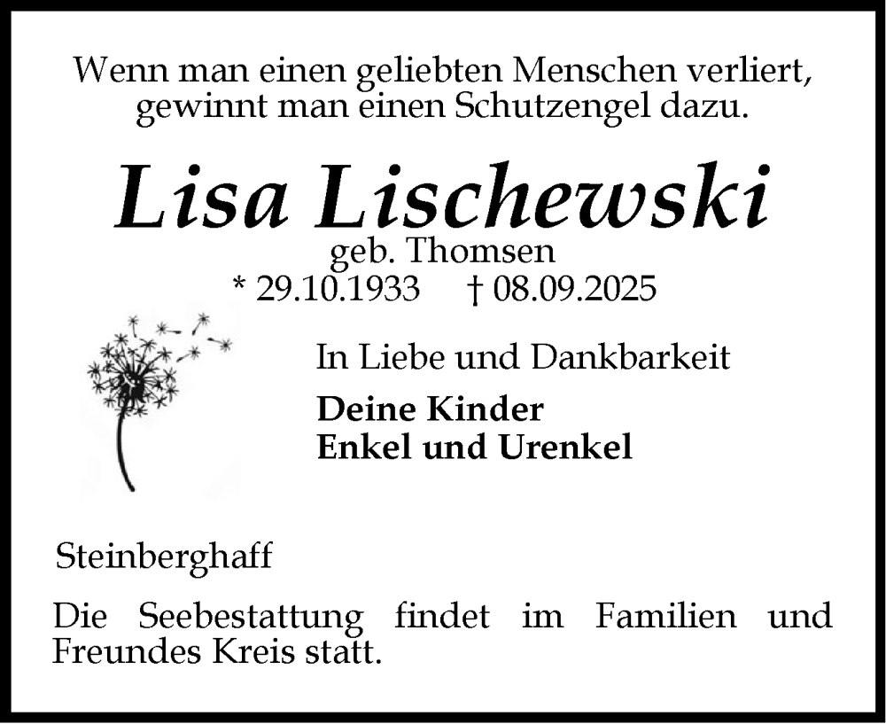  Traueranzeige für Lisa Lischewski vom 13.09.2025 aus Flensburger Tageblatt