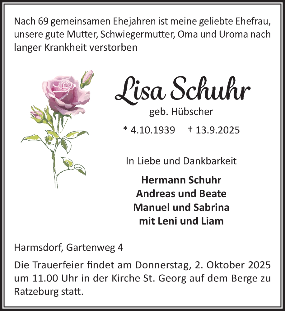  Traueranzeige für Lisa Schuhr vom 20.09.2025 aus MARKT Ratzeburg/Mölln
