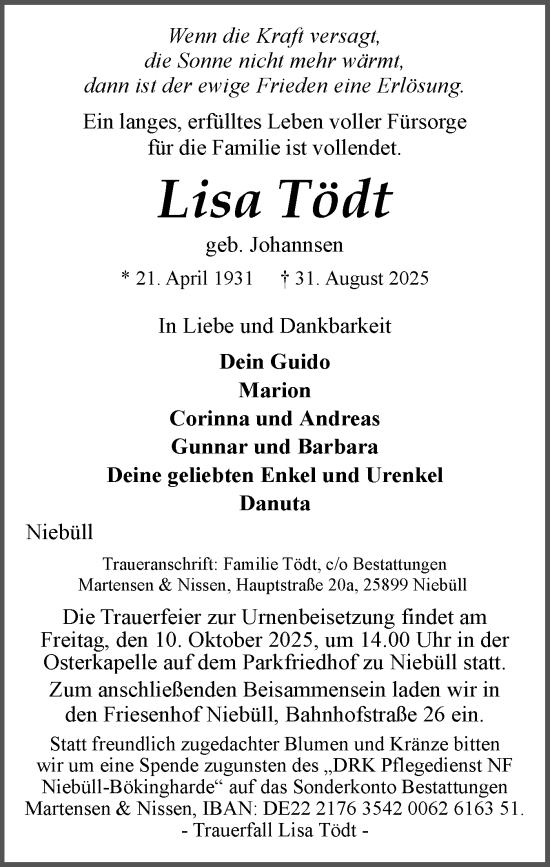 Traueranzeige von Lisa Tödt von Husumer Nachrichten, Nordfriesland Tageblatt