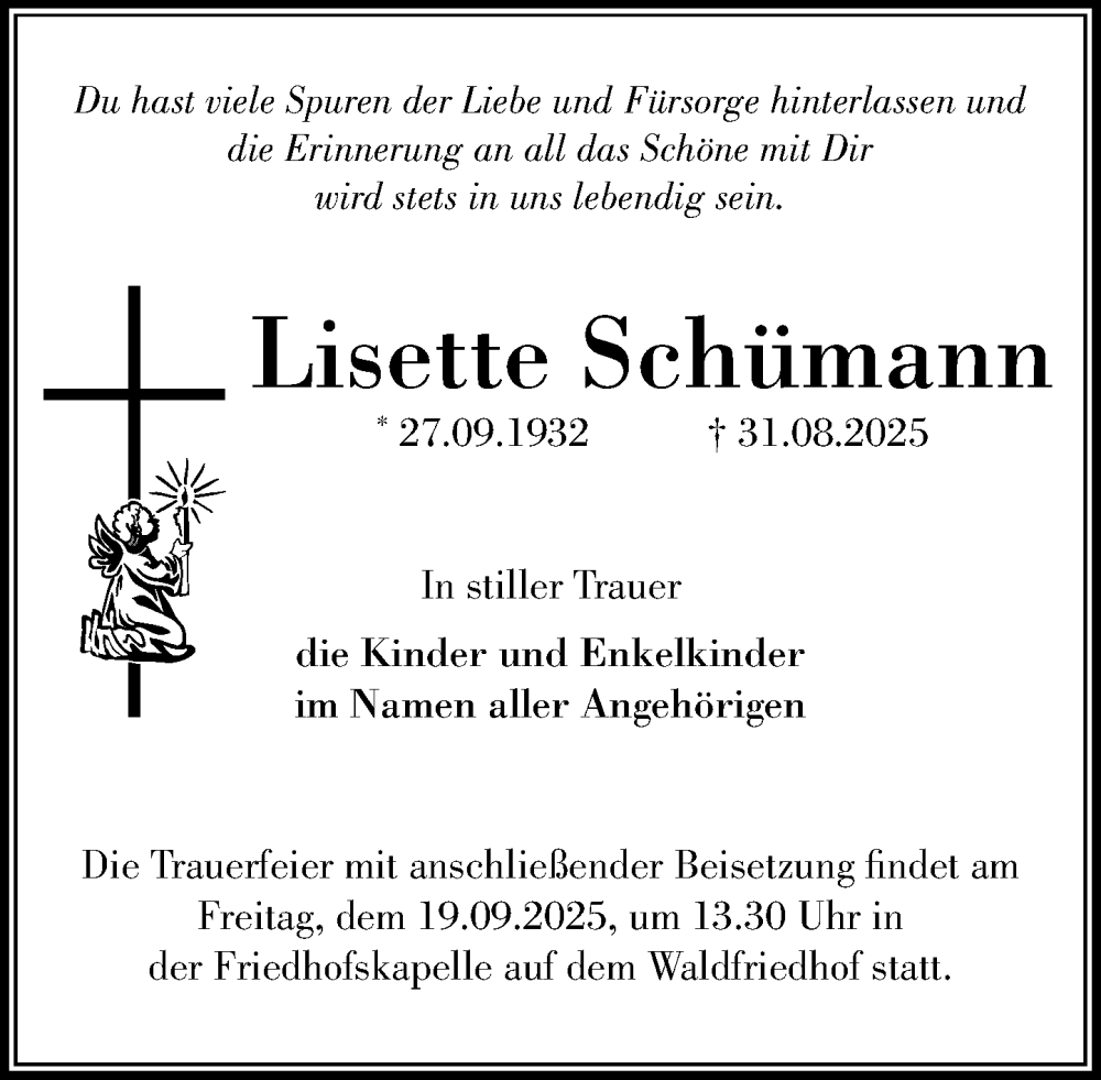 Traueranzeige für Lisette Schümann vom 13.09.2025 aus Heimatspiegel