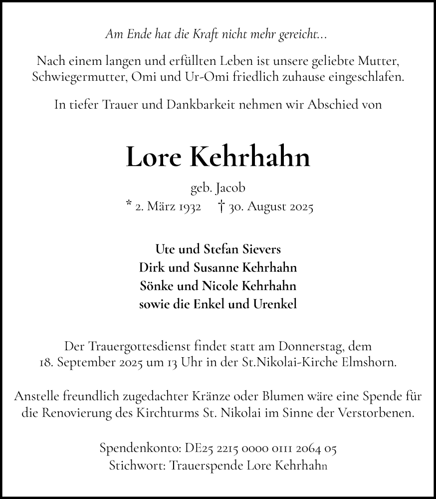  Traueranzeige für Lore Kehrhahn vom 13.09.2025 aus Elmshorner Nachrichten, Barmstedter Zeitung