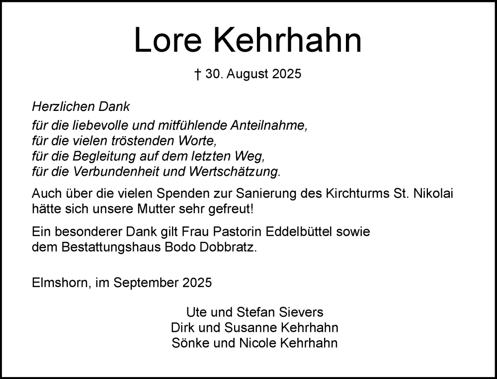  Traueranzeige für Lore Kehrhahn vom 27.09.2025 aus Elmshorner Nachrichten, Barmstedter Zeitung