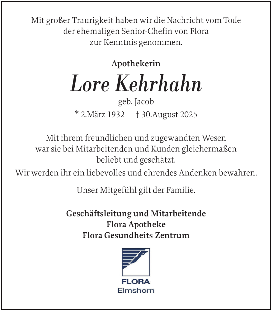 Traueranzeige für Lore Kehrhahn vom 13.09.2025 aus Elmshorner Nachrichten, Barmstedter Zeitung