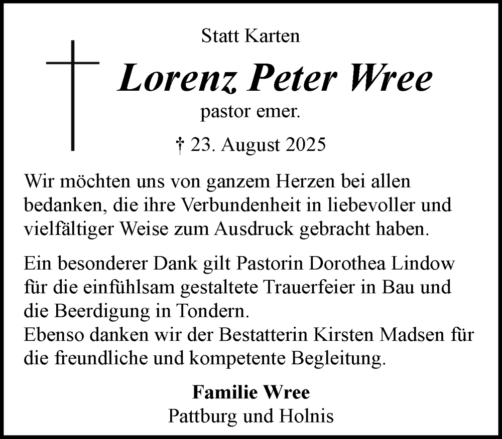  Traueranzeige für Lorenz Peter Wree vom 20.09.2025 aus Flensburger Tageblatt