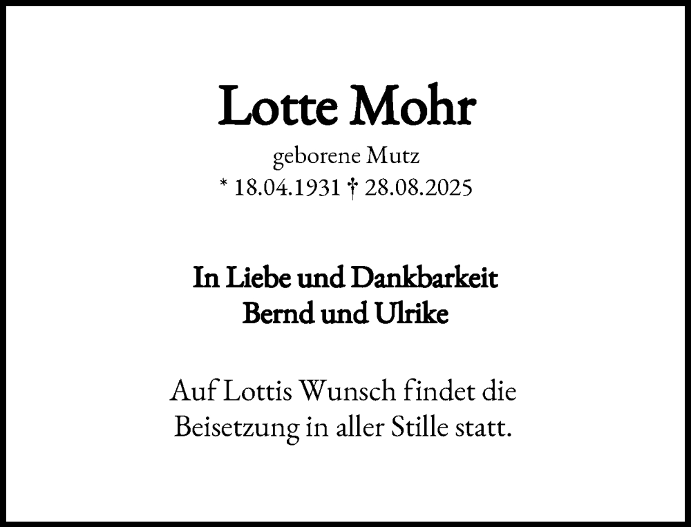  Traueranzeige für Lotte Mohr vom 20.09.2025 aus Heimatspiegel