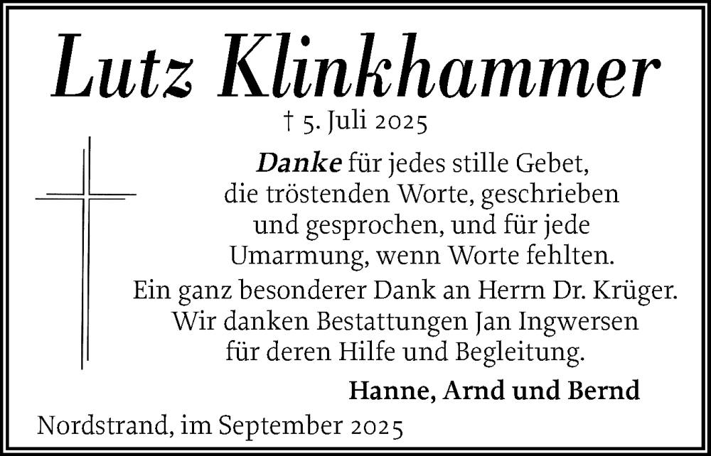  Traueranzeige für Lutz Klinkhammer vom 30.08.2025 aus Husumer Nachrichten, Nordfriesland Tageblatt