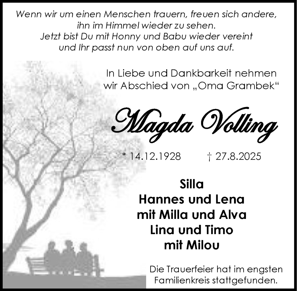  Traueranzeige für Magda Volling vom 06.09.2025 aus MARKT Ratzeburg/Mölln