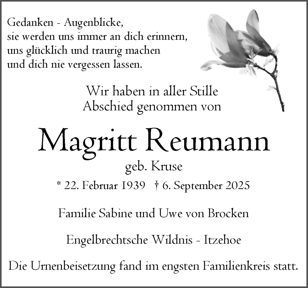  Traueranzeige für Magritt Reumann vom 20.09.2025 aus Norddeutsche Rundschau, Wilstersche Zeitung, Glückstädter Fortuna
