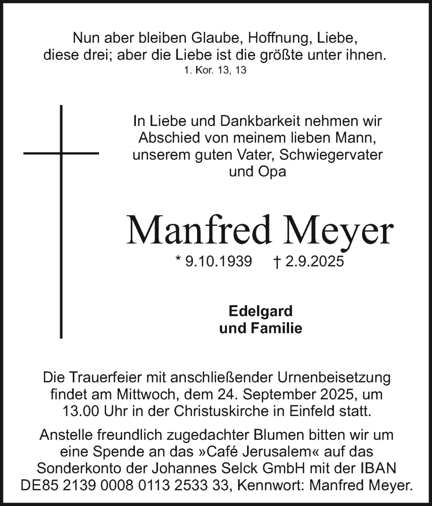 Traueranzeige für Manfred Meyer vom 20.09.2025 aus Holsteinischer Courier