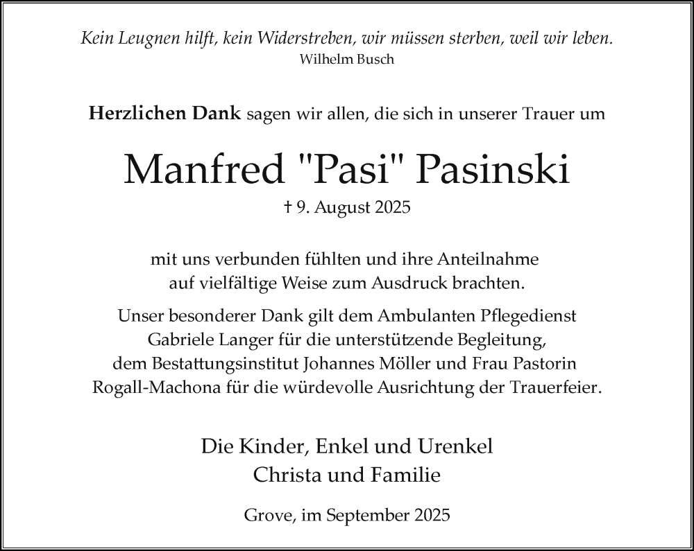  Traueranzeige für Manfred Pasinski vom 13.09.2025 aus Wochenend Anzeiger