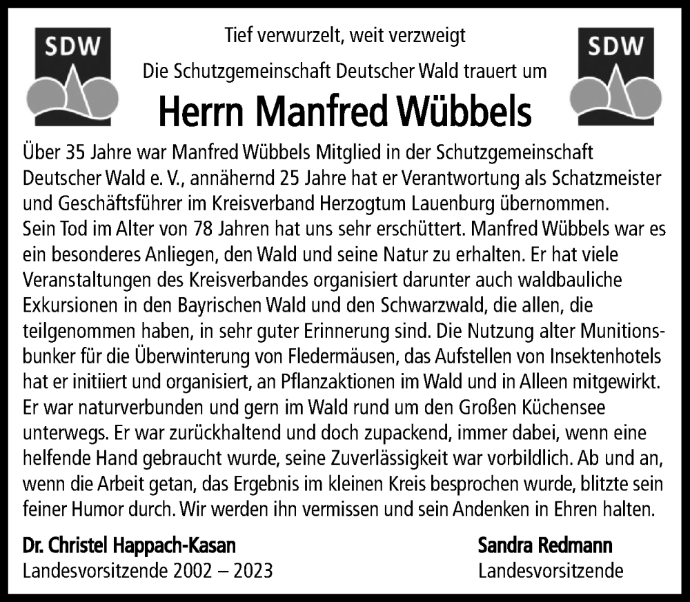  Traueranzeige für Manfred Wübbels vom 13.09.2025 aus MARKT Ratzeburg/Mölln