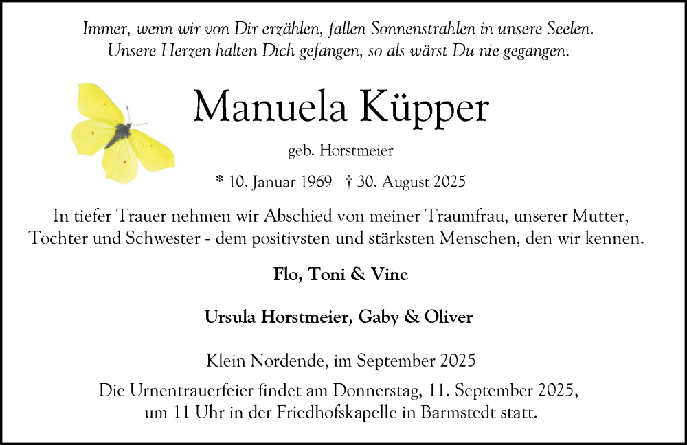  Traueranzeige für Manuela Küpper vom 10.09.2025 aus Elmshorner Nachrichten, Barmstedter Zeitung