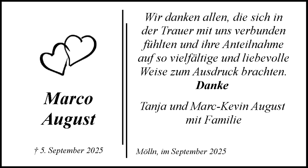  Traueranzeige für Marco August vom 27.09.2025 aus MARKT Ratzeburg/Mölln
