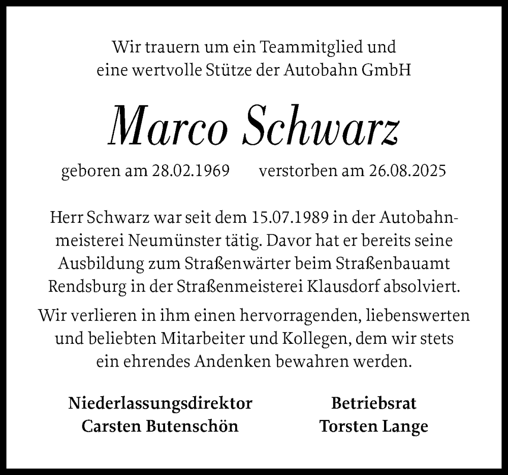  Traueranzeige für Marco Schwarz vom 06.09.2025 aus Holsteinischer Courier