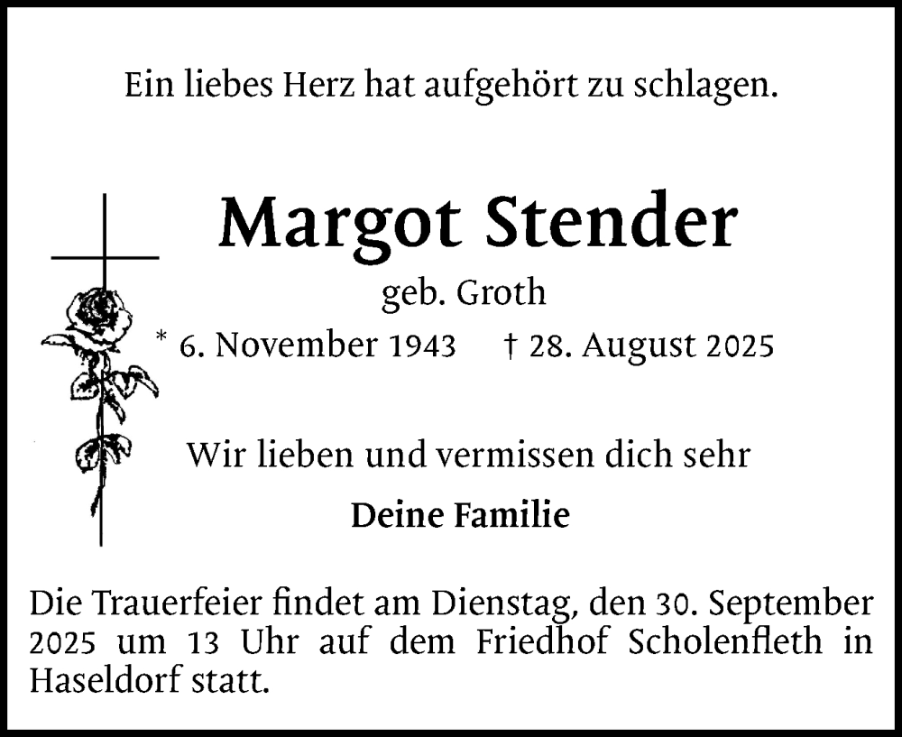  Traueranzeige für Margot Stender vom 20.09.2025 aus Uetersener Nachrichten, Der tip am Wochenende