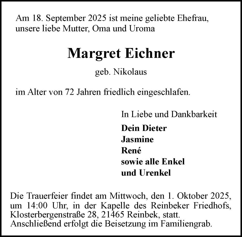  Traueranzeige für Margret Eichner vom 27.09.2025 aus MARKT Glinde/Reinbek