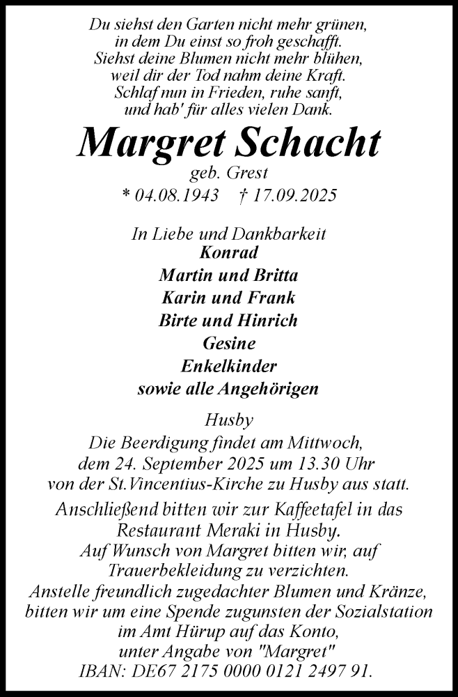  Traueranzeige für Margret Schacht vom 20.09.2025 aus Flensburger Tageblatt