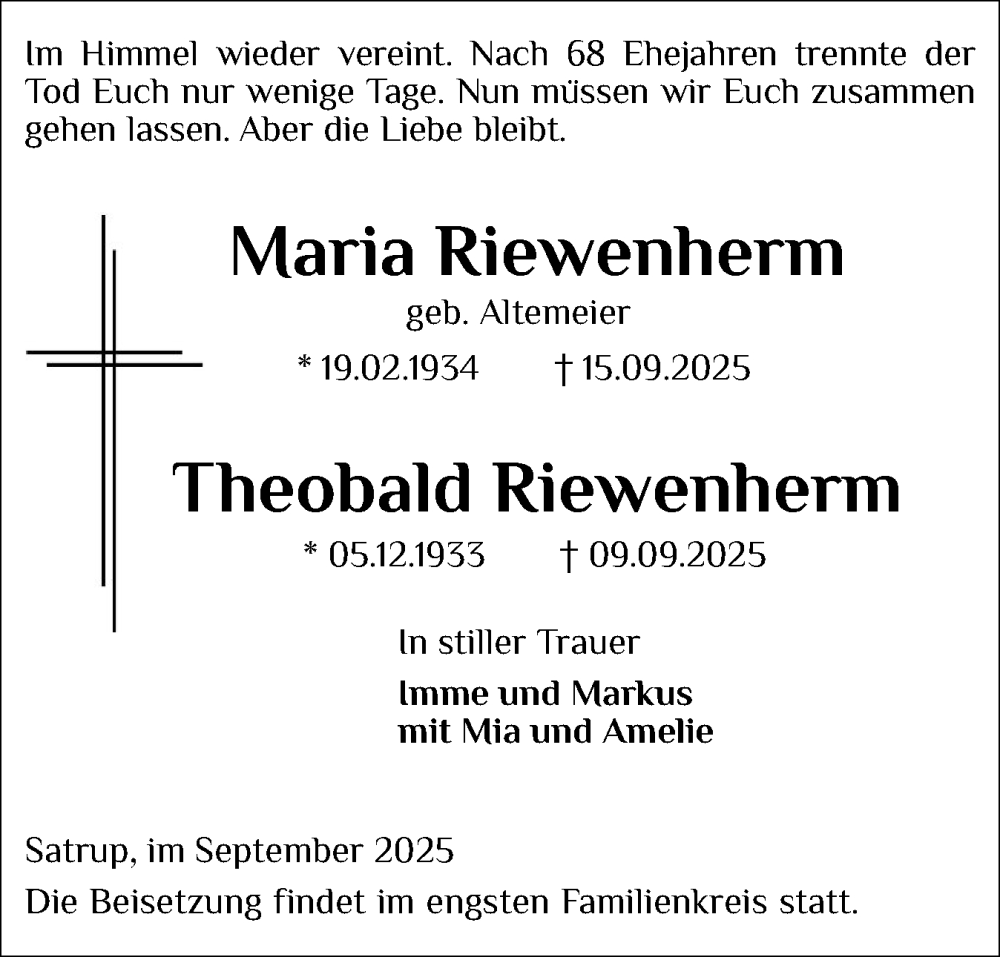  Traueranzeige für Maria Riewenherm vom 20.09.2025 aus Flensburger Tageblatt, Schleswiger Nachrichten, Schlei-Bote